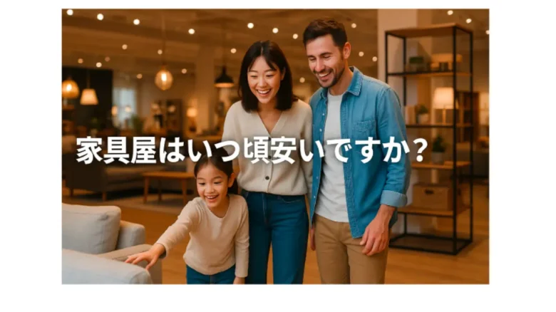 家具のセール時期を探す日本人家族がインテリアショップでソファを見ている様子